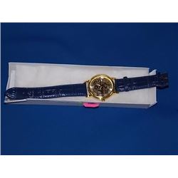 WATCH - NEW 2 SIDED SKELETON WATCH WITH LEATHER STRAP - WORKING- GOLD TONE