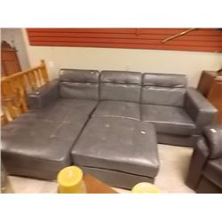 BONDED LEATHER SOFA - GREY - RECLINING HEAD RESTS WITH LARGE OTTOMAN - 3 PC TTL