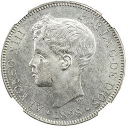 SPAIN: Alfonso XIII, 1886-1931, AR 5 pesetas, 1898 (98). NGC MS61