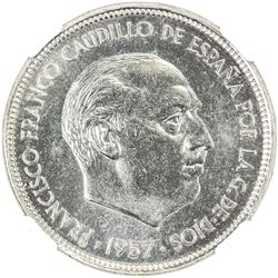 SPAIN: Francisco Franco, as Caudillo, 1947-1975, 50 pesetas, 1957 (68). NGC MS65