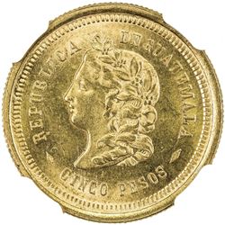 GUATEMALA: AV 5 pesos, 1874. NGC MS64