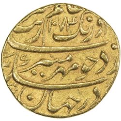 MUGHAL: Aurangzeb, 1658-1707, AV mohur (10.93g), Multan, AH1074 year 7. VF
