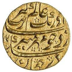 MUGHAL: Aurangzeb, 1658-1707, AV mohur, Surat, AH1077 year 9. NGC UNC