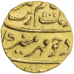 MUGHAL: Aurangzeb, 1658-1707, AV mohur (11.09g), Surat, AH1107 year 39. EF