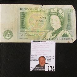 Bank of England One Pound Note depicting Queen Elizabeth and Sir Isaac Newton.