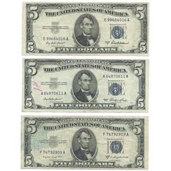 1953 $5 Silver Certificate Currency Lot of 3