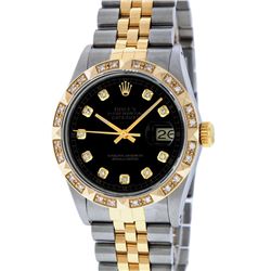 Rolex Mens Two Tone Diamond Lugs Black Diamond Lugs Pyramid Bezel Datejust Wrist