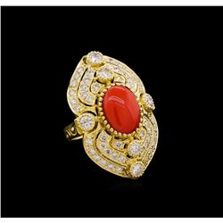 14KT Yellow Gold 4.40 ctw Coral and Diamond Ring