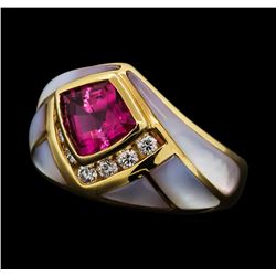 2.25 ctw Pink Tourmaline, Diamond and Mother of Pearl Ring - 14KT Yellow Gold