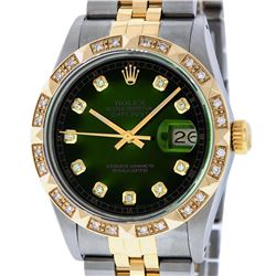 Rolex Mens Two Tone Diamond Lugs Green Vignette Diamond Lugs Pyramid Bezel Datej