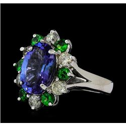 3.90 ctw Tanzanite, Tsavorite and Diamond Ring - 14KT White Gold