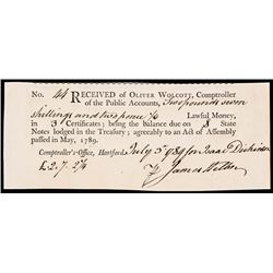 July 3, 1789 Conn. Receipt For a Valley Forge Soldier by (Oliver Wolcott Jr.)