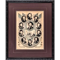 1844 Currier Lithographic Print of First Eleven U.S. Presidents through Polk