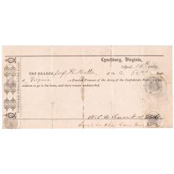 April 14, 1865 Civil War Paroled Prisoner Pass Issued on Lincoln’s Assassination