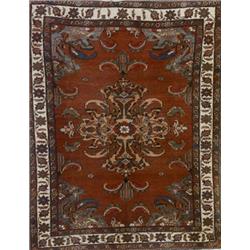 Fereghan Rug, Post 1950, Red ground with leafage and floral spray field centering a shaped me...