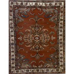 Fereghan Rug, Post 1950, Red ground with leafage and floral spray field centering a shaped me...