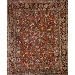 Sarouk Rug, Circa 1940, Red ground with floral spray field within a floral spray and palmette...