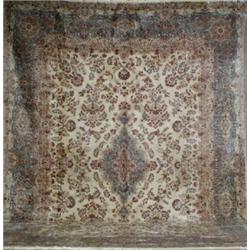 Kerman Rug, Circa 1950, Beige ground with floral spray field centering a pulled, medallion...