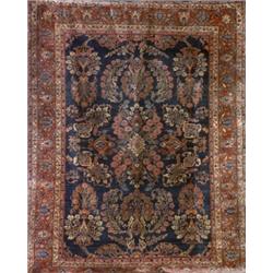 Sarouk Rug, Circa 1940, Blue ground with flowering tree and floral spray field within a palme...