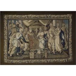 Flemish Biblical Tapestry, 17th-18th Century, Depicting an enthroned king and queen with atte...