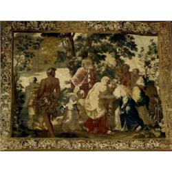 Aubusson Allegorical Tapestry, 17th-18th Century, Depicting an elder with attendants in a lan...