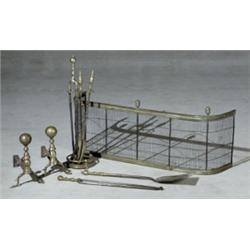 English Brass Assembled, Hearth Set, 19th Century, Consisting of a pair of cannonball andir...