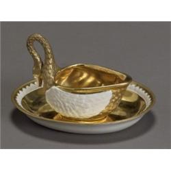 SFvres-Type Parcel Matte Gilt Biscuit 'Swan' Sauce Boat and Stand, 19th Century, Each iron-re...