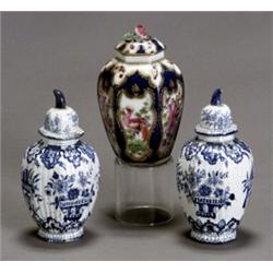 Pair of Dutch Delft Blue and White Miniature Covered Urns and a Worcester Covered Urn, 18th-19t...