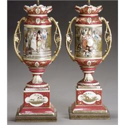 Pair of Vienna-Type Porcelain Urns, Early 20th Century, Each decorated with a marriage scene...