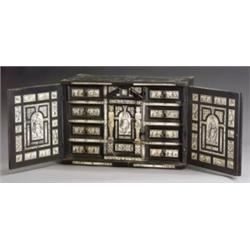 Italian Baroque Style Engraved Bone Mounted Ebonized Wood Table Cabinet, 19th Century, Some l...