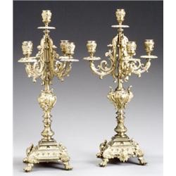 Pair of Continental Renaissance Style Brass Five-Light Candelabra, Early 20th Century, Height...