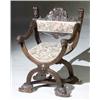 Image 1 : Renaissance Style Walnut Curule Armchair, Circa 1900, With floral machine tapestry upholstere...