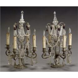 Pair of Continental Rococo Style Brass and Cut-Glass Four-Light Candelabra, First Quarter 20th...