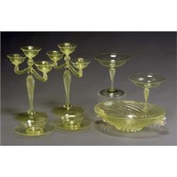 Venetian Yellow Spiral Molded Glass, Five-Piece Table Garniture, Circa 1950, Consisting of...