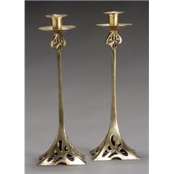 Pair of Continental Art Nouveau Brass Candlesticks, Possibly Austrian, Circa 1900, Height: 14...