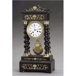 French Baroque Style Brass and Mother-of-Pearl Marquetry Ebonized Wood Portico Clock, Late 19th...