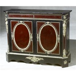 Napoleon III Ormolu Mounted Ebonized Wood and Mahogany Side Cabinet, Having a black painted whi...