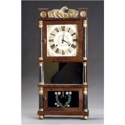 Classical Parcel Gilt and Ebonized Mahogany EglomisT Panel Triple Shelf Clock, C. & L.C. Ives,...