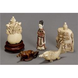 Group of Five Chinese Ivory Snuff Bottles, Late 19th-20th Century, The first, a tea-stained t...