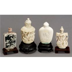 Group of Six Chinese Ivory Snuff Bottles, Late 19th-20th Century, The first, a dark green and...