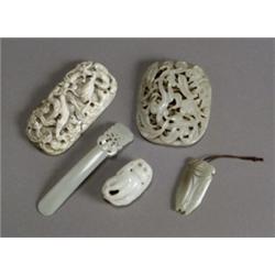 Group of Nine Chinese Celadon Jade and Hardstone Carvings and Hairpins, 19th-20th Century, Co...