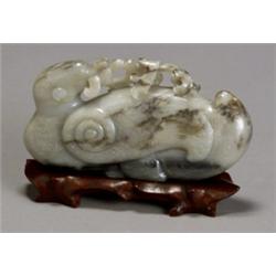 Chinese Pale Gray Celadon Jade Figure of a Recumbent Mandarin Duck, 19th-20th Century, Length...