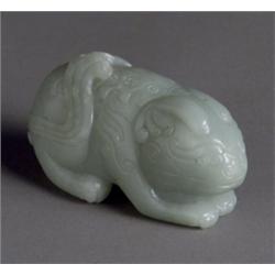 Chinese Pale Celadon Jade Figure of a, Recumbent Ram, 20th Century, Length: 4-1/2 in (11.4...