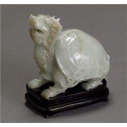 Chinese Pale Celadon Jade Figure, of a Mythical Tortoise, 20th Century, Height: 5 in (12.7...