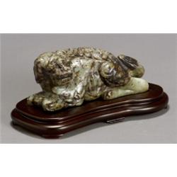 Chinese Dark Russet Celadon Jade Figure of a Recumbent Fu-Lion, 20th Century, Length: 7-3/4 i...