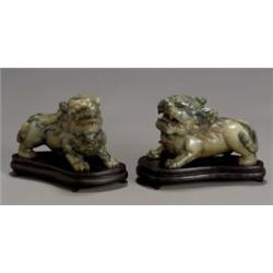 Pair of Chinese Spinach-Green and Russet Celadon Jade, Figures of Stalking Chimeras, 20th Cen...