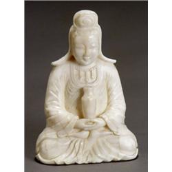 Chinese White Marble Figure, of Seated Guanyin, 20th Century, Together with hardwood lamp b...