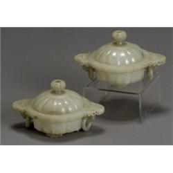 Pair of Chinese Mughal Style Pale, Celadon Hardstone Covered Censers, 19th Century, Height:...