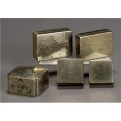 Group of Five Chinese Paktong Boxes, 18th-19th Century, Four betel nut boxes having incised l...