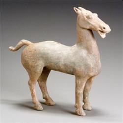 Chinese Red Painted Gray Pottery, Figure of a Horse, Han Dynasty (206 B.C.-220 A.D.), Resto...